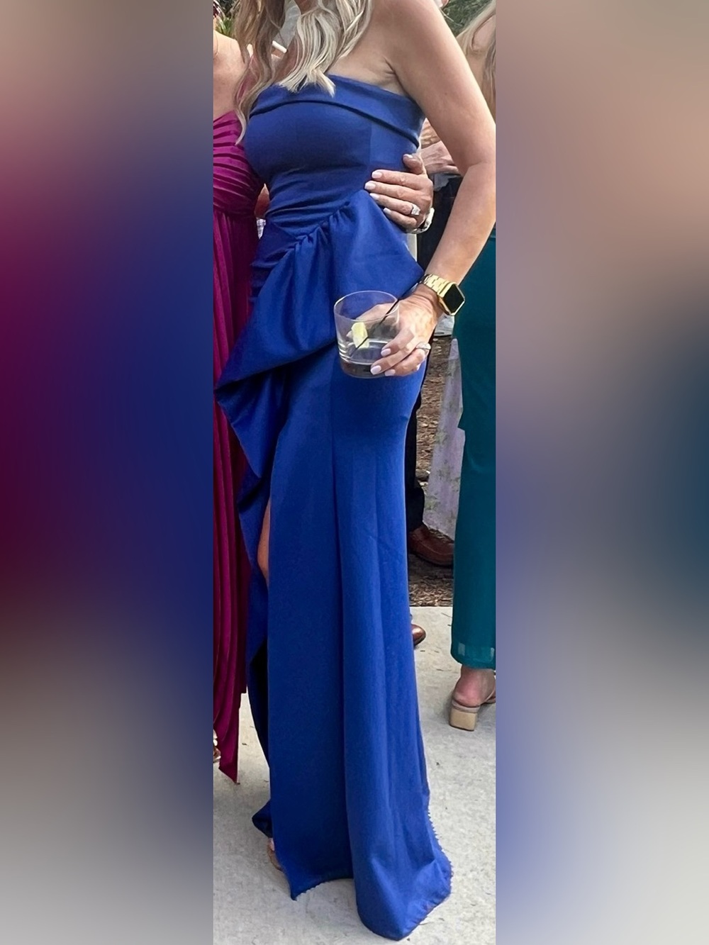 Strapless Royal Blue Evening Gown with Side Ruffle